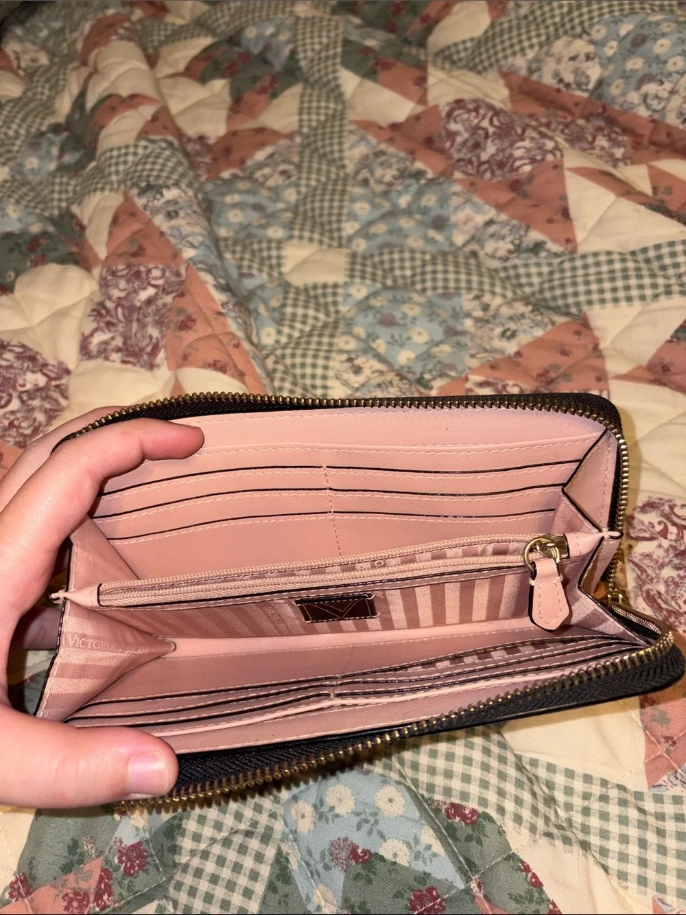 Victoria's Secret Black Quilted Zip-Around Wallet with Gold V Emblem - Picture 3 of 3